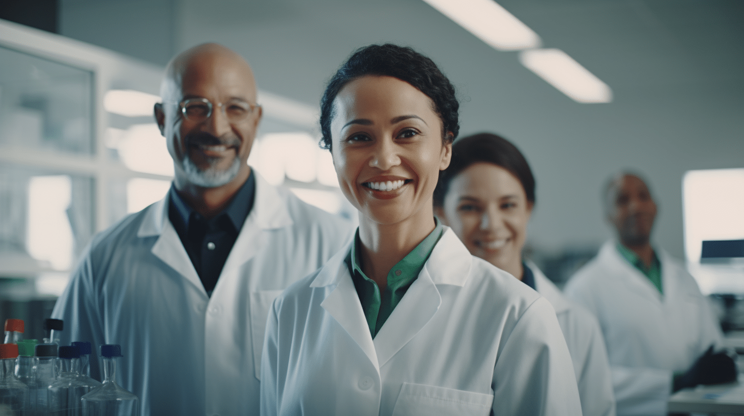 Group of happy laboratory technicians